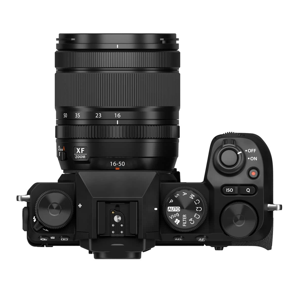 Fujifilm X-S20 Kamera mit XF 16-50mm Objektiv, Ansicht von oben.