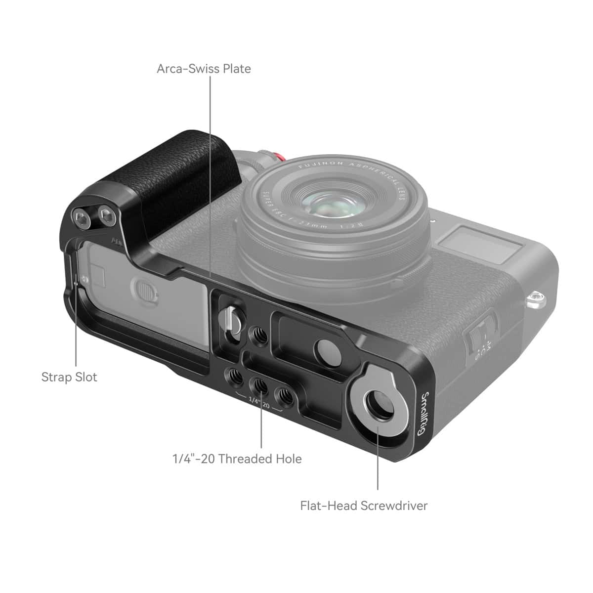 Schwarzer SmallRig L-Shape Griff für Fujifilm X100V Kamera.