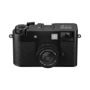 Fujifilm X-HF1 Kamera in Schwarz mit integriertem Objektiv.